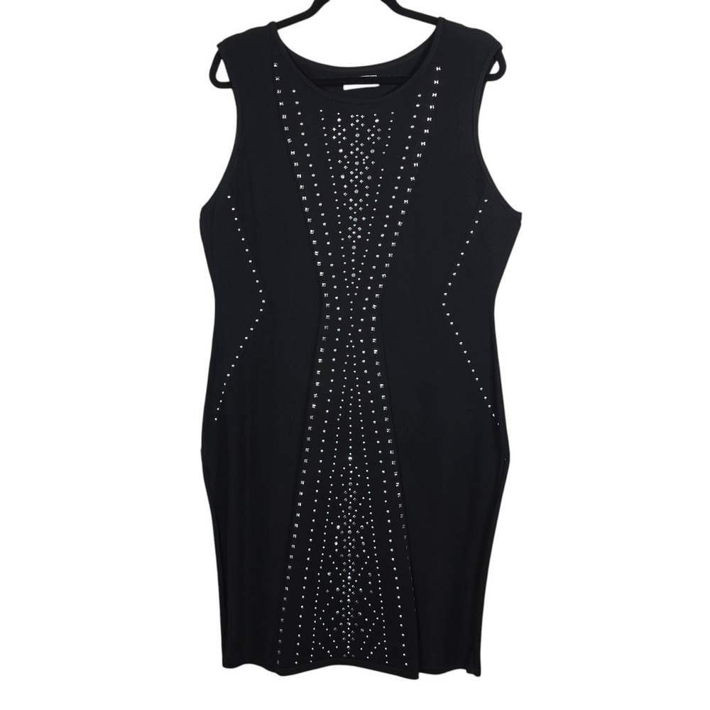 Calvin Klein Womens Black Studded Sleeveless Sheath Knit Dress Large Knee Length